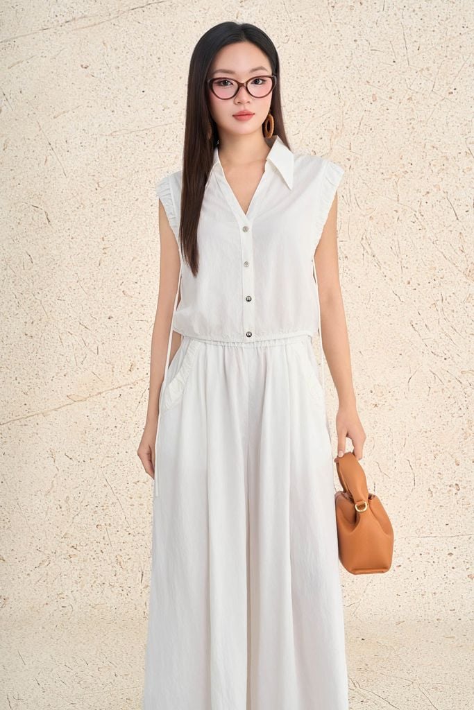 BQD73512 - Quần dài dạo phố vải tuytsi dáng suông ống rộng có túi cạp chun xếp nhún tạo xoè - PANTIO