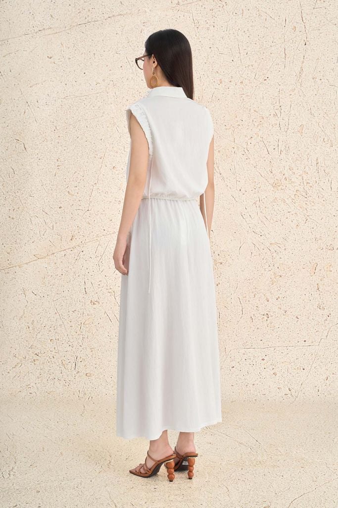 BAK73512 - Áo kiểu dạo phố vải tuytsi dáng suông cổ bẻ xẻ V tay chờm xếp nhún thân áo phối khuy đá thời trang - PANTIO