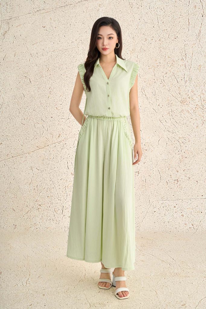 BQD73512 - Quần dài dạo phố vải tuytsi dáng suông ống rộng có túi cạp chun xếp nhún tạo xoè - PANTIO