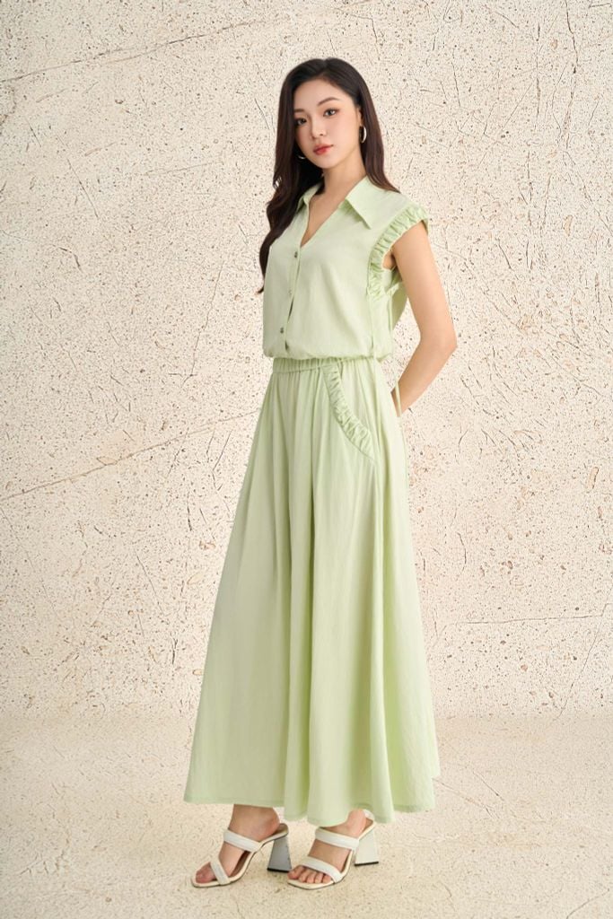 BAK73512 - Áo kiểu dạo phố vải tuytsi dáng suông cổ bẻ xẻ V tay chờm xếp nhún thân áo phối khuy đá thời trang - PANTIO