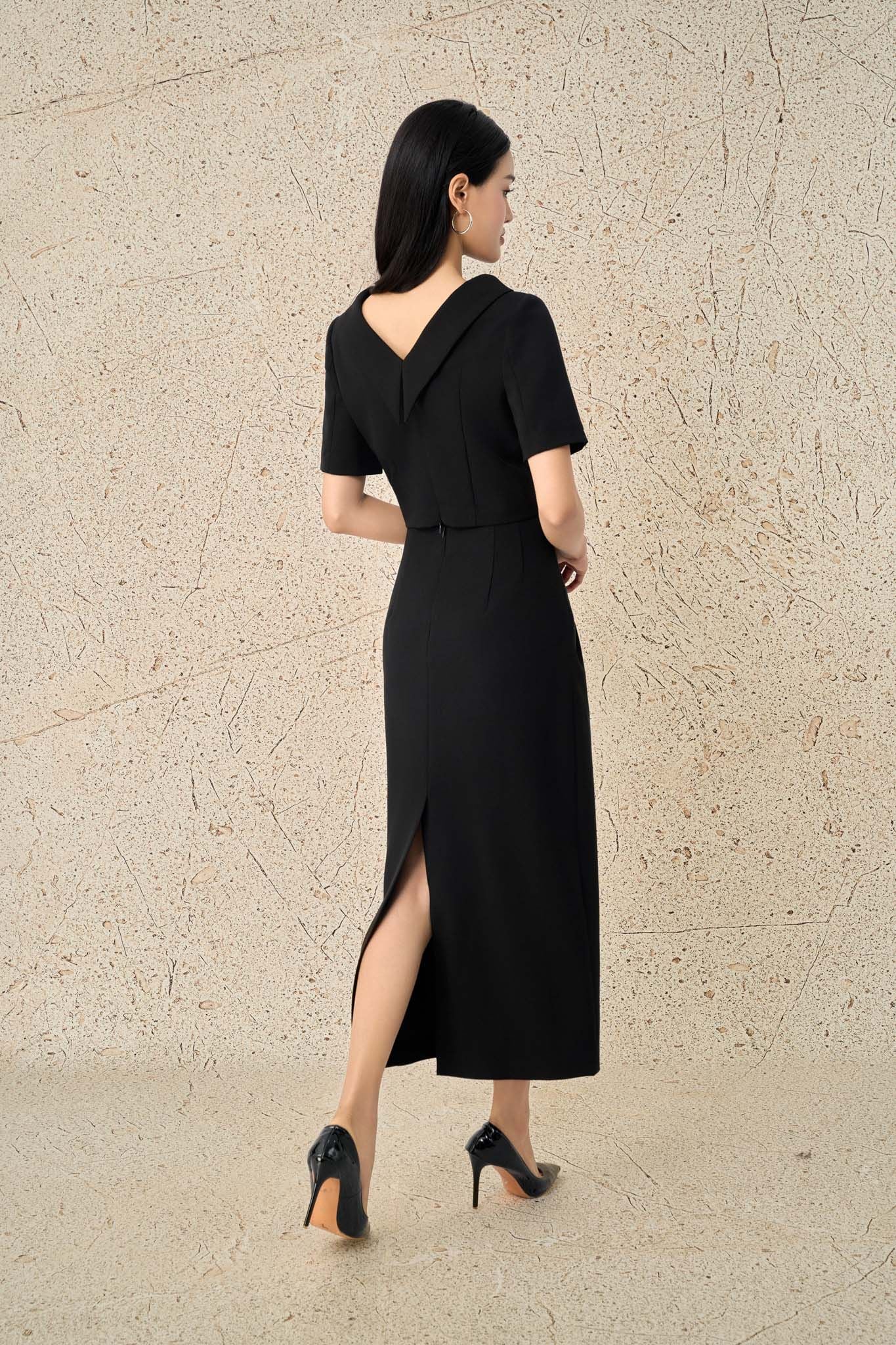 BAK73552 - Áo kiểu công sở vải thô dáng lửng cổ phối vạt cách điệu đính đá thời trang khoá thân sau - PANTIO