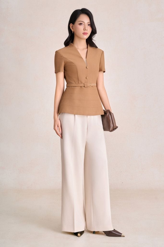 BAK73553 - Áo kiểu công sở vải tuytsi dáng peplum cổ xẻ V tay cộc thân áo phối đai tạo kiểu - PANTIO