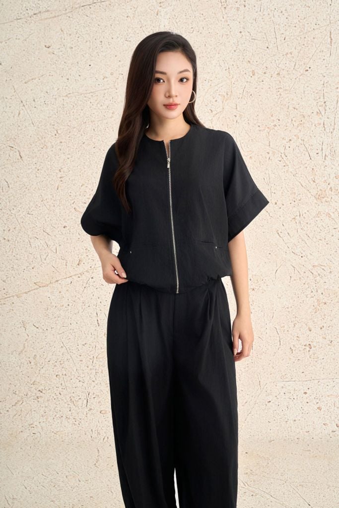 BAK73635 - Áo kiểu dạo phố vải thô mỏng dáng suông cổ tròn phối khuy kim loại tạo kiểu tay áo cách điệu thời trang - PANTIO