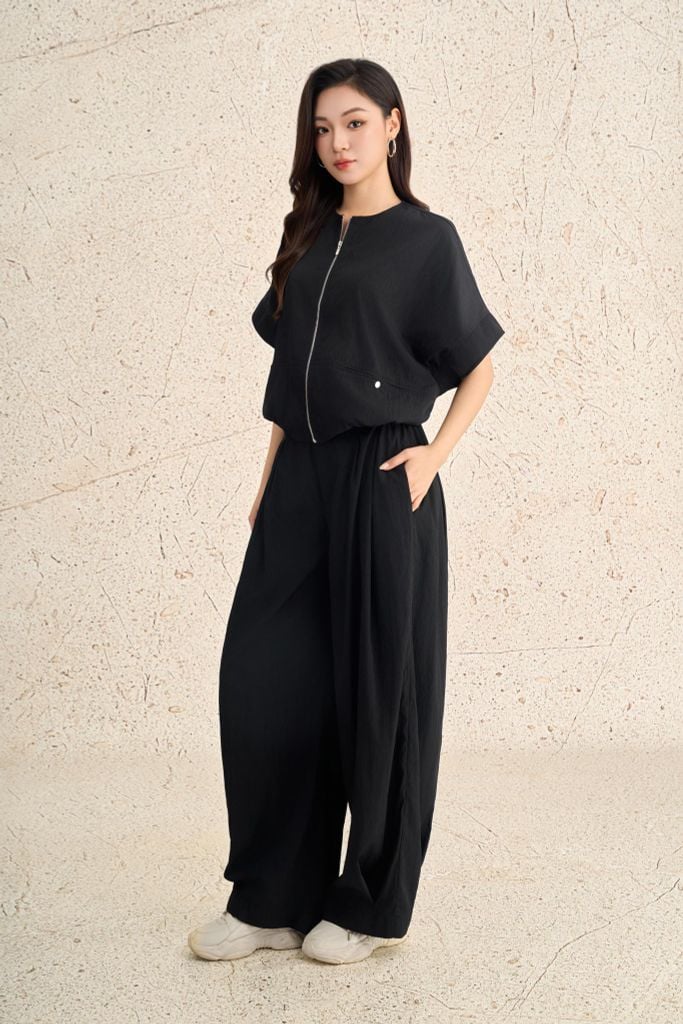 BQD73635 - Quần dài dạo phố vải thô mỏng dáng suông ống rộng có túi cạp chun co giãn - PANTIO