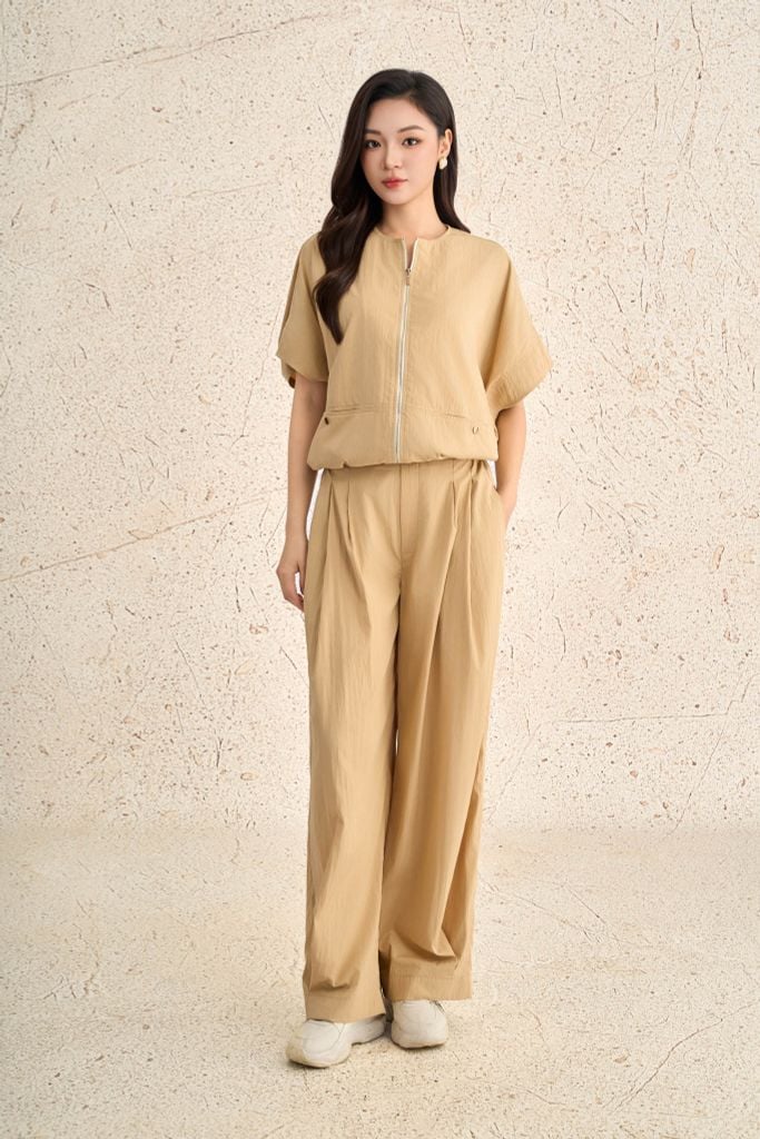 BAK73635 - Áo kiểu dạo phố vải thô mỏng dáng suông cổ tròn phối khuy kim loại tạo kiểu tay áo cách điệu thời trang - PANTIO