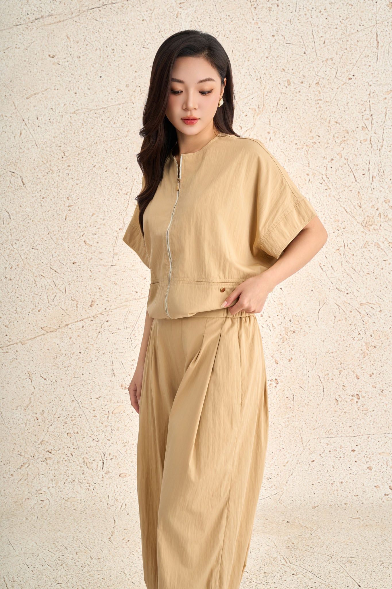 BQD73635 - Quần dài dạo phố vải thô mỏng dáng suông ống rộng có túi cạp chun co giãn - PANTIO