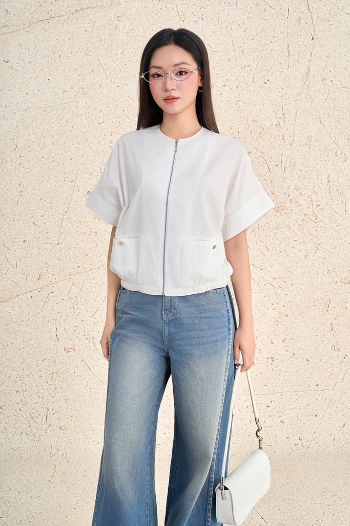 BAK73635 - Áo kiểu dạo phố vải thô mỏng dáng suông cổ tròn phối khuy kim loại tạo kiểu tay áo cách điệu thời trang - PANTIO
