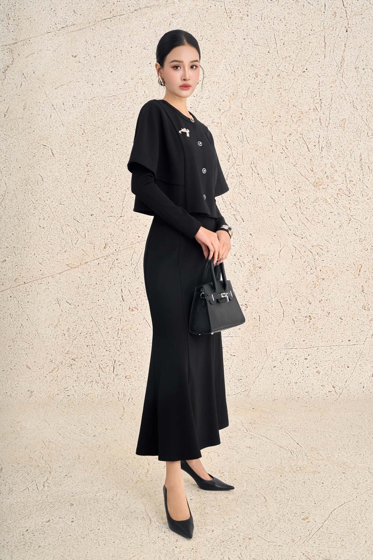 BJD93537 - Chân váy dài công sở vải cotton dáng suông cạp cao đuôi váy xoè nhẹ khoá thân sau - PANTIO