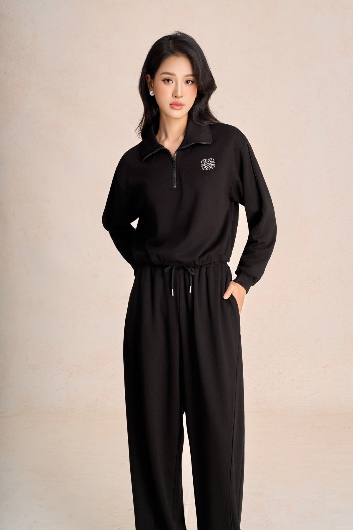 BQD93599 - Quần dài vải cotton dáng suông ống rộng cạp chun phối dây rút thời trang - PANTIO