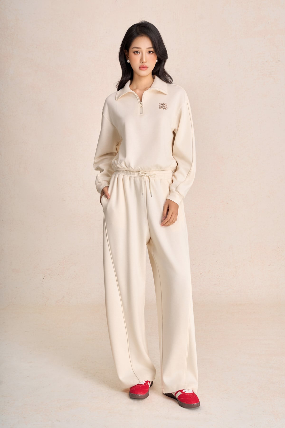 BQD93599 - Quần dài vải cotton dáng suông ống rộng cạp chun phối dây rút thời trang - PANTIO