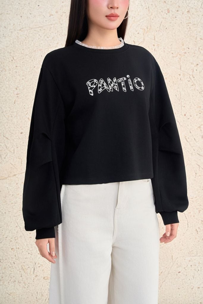 BAK93643 - Áo kiểu dạo phố vải cotton dáng ngắn cổ tròn phối ren tay ống rộng thân áo in hoạ tiết thời trang - PANTIO