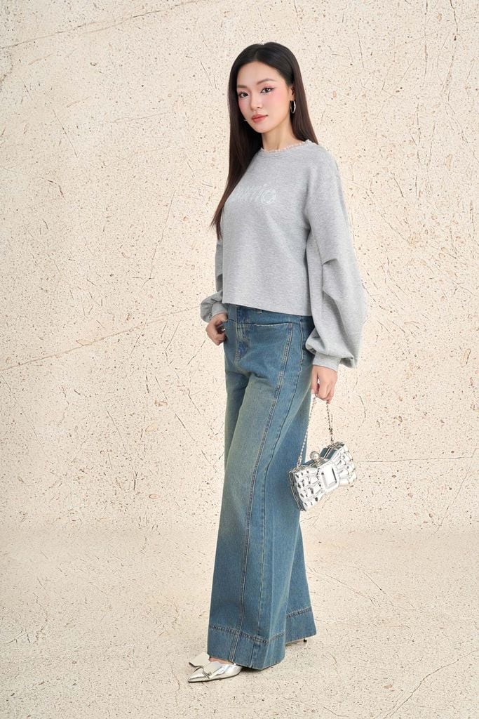 BAK93643 - Áo kiểu dạo phố vải cotton dáng ngắn cổ tròn phối ren tay ống rộng thân áo in hoạ tiết thời trang - PANTIO