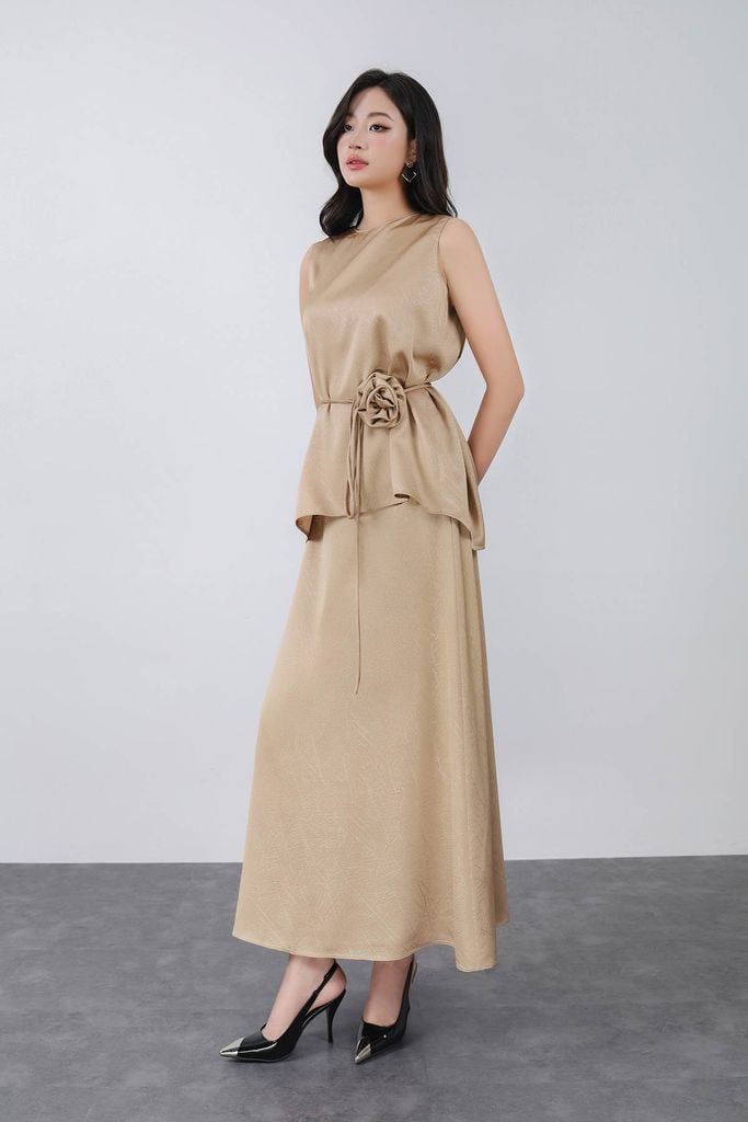 BAS13281 - Áo kiểu sơ mi vải lụa nhung dáng suông cổ tròn không tay eo phối dây hoa tạo kiểu - PANTIO