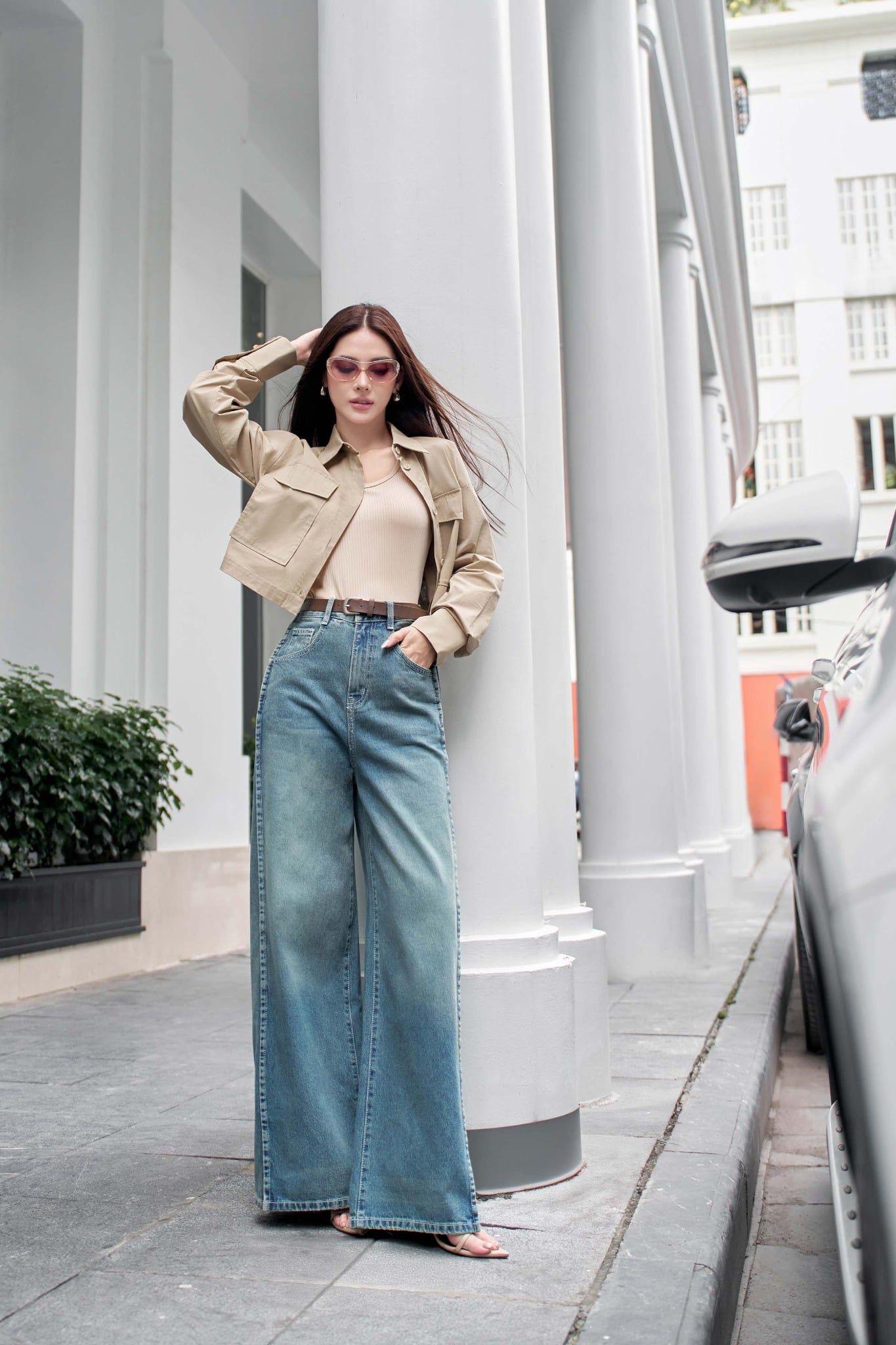 FQB202 - Quần jean dạo phố vải denim dáng suông ống rộng phối đường gân thời trang khoá thân trước - PANTIO