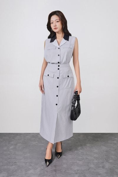 BAS13370 - Áo sơ mi kiểu công sở vải thô kẻ mỏng dáng suông cổ hai ve không tay cài khuy thân trước - PANTIO