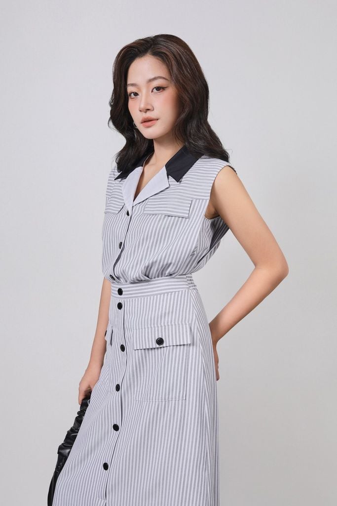 BJD13370 - Chân váy dài công sở vải thô kẻ mỏng dáng suông thân váy có túi phối khuy tạo kiểu cạp sau bo chun co giãn - PANTIO