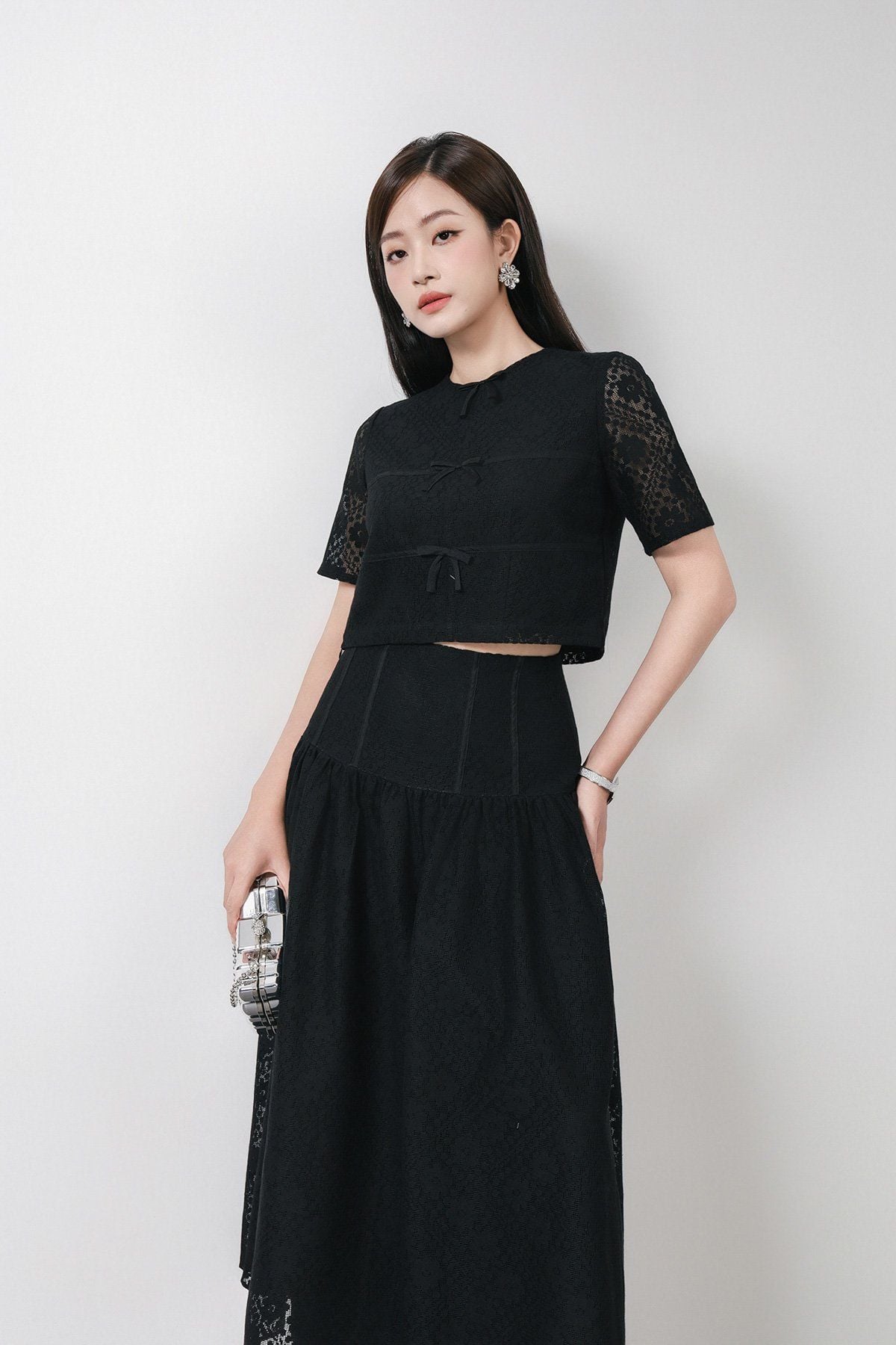 BJD13381 - Chân váy dài công sở vải ren hoa dáng Xoè cạp bản to thân váy xếp nhún tạo xoè khóa thân sau - PANTIO