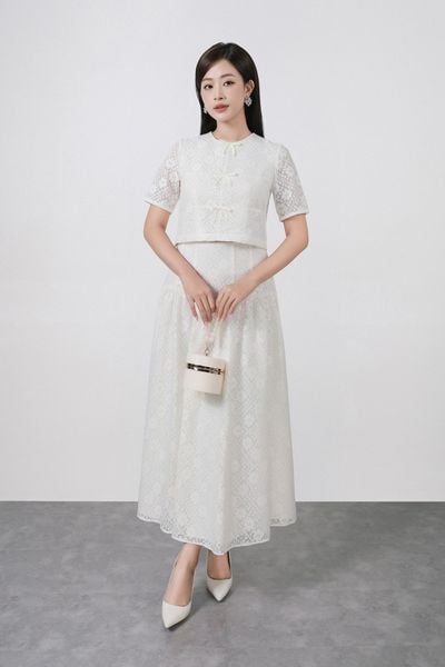 BJD13381 - Chân váy dài công sở vải ren hoa dáng Xoè cạp bản to thân váy xếp nhún tạo xoè khóa thân sau - PANTIO