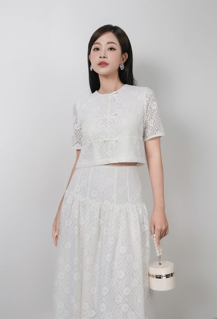 BJD13381 - Chân váy dài công sở vải ren hoa dáng Xoè cạp bản to thân váy xếp nhún tạo xoè khóa thân sau - PANTIO