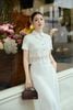 BAS13670 - Áo sơ mi công sở vải thô kate dáng croptop cổ đức tay cộc gấu áo phối ren hoa tạo kiểu - PANTIO