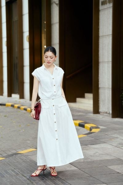 BJD13711 - Chân váy dài dạo phố vải linen dáng suông eo đáp cạp bản to thân váy phối khuy thời trang - PANTIO