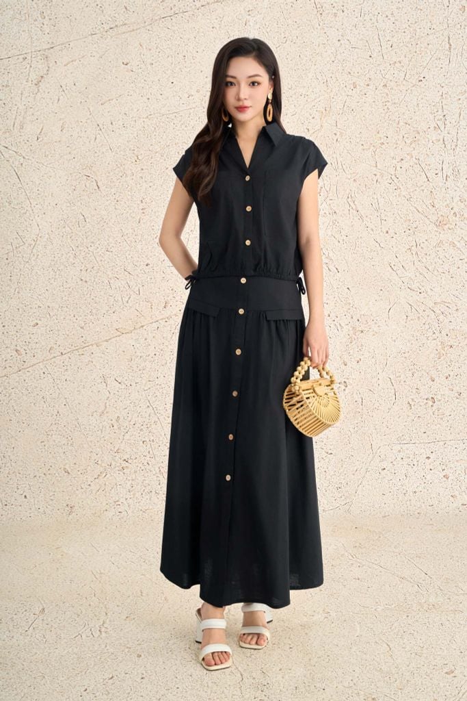 BAS13711 - Áo sơ mi dạo phố vải linen dáng suông cổ bẻ xẻ V tay chờm thân áo phối khuy thời trang - PANTIO