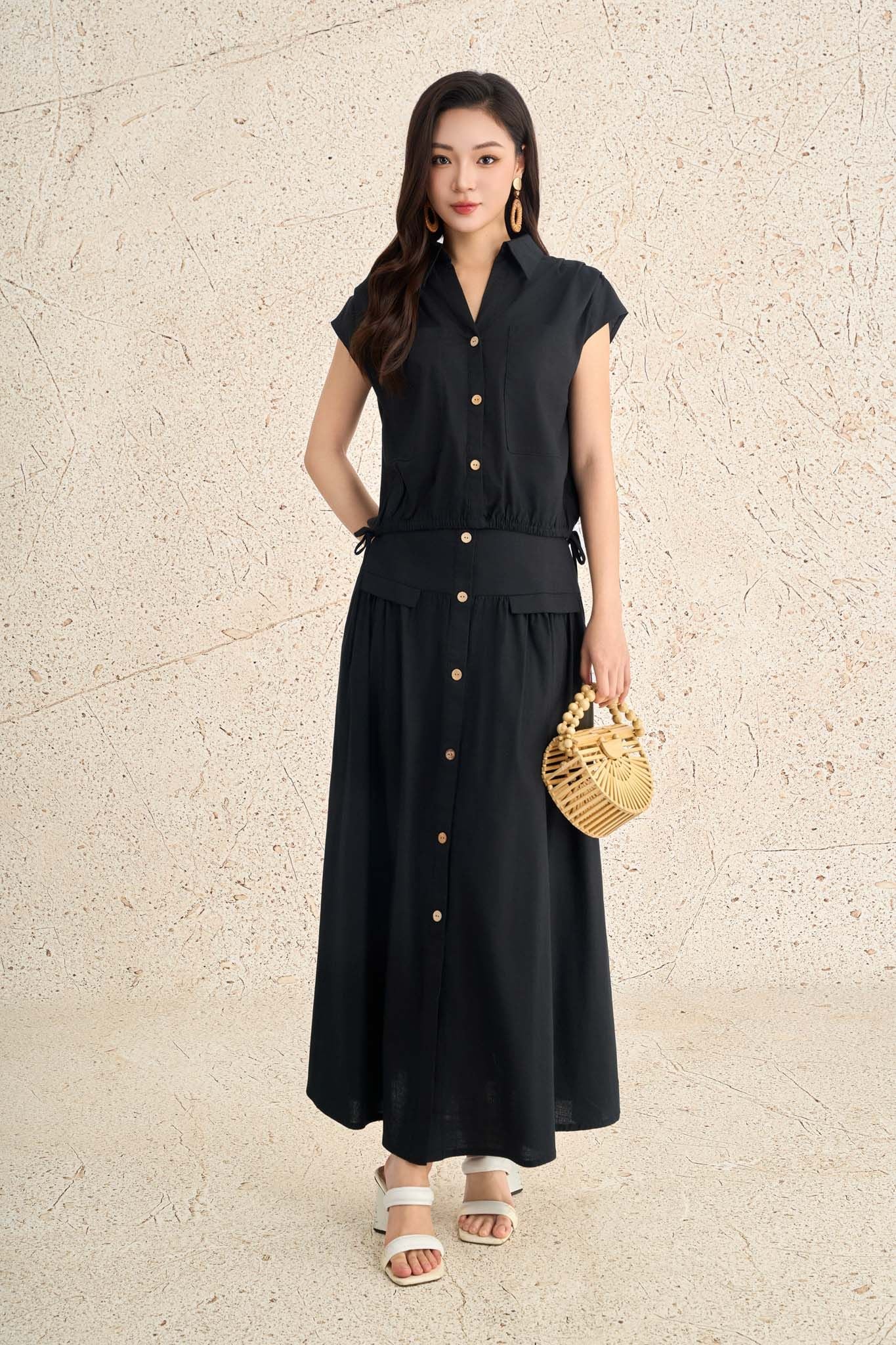 BAS13711 - Áo sơ mi dạo phố vải linen dáng suông cổ bẻ xẻ V tay chờm thân áo phối khuy thời trang - PANTIO