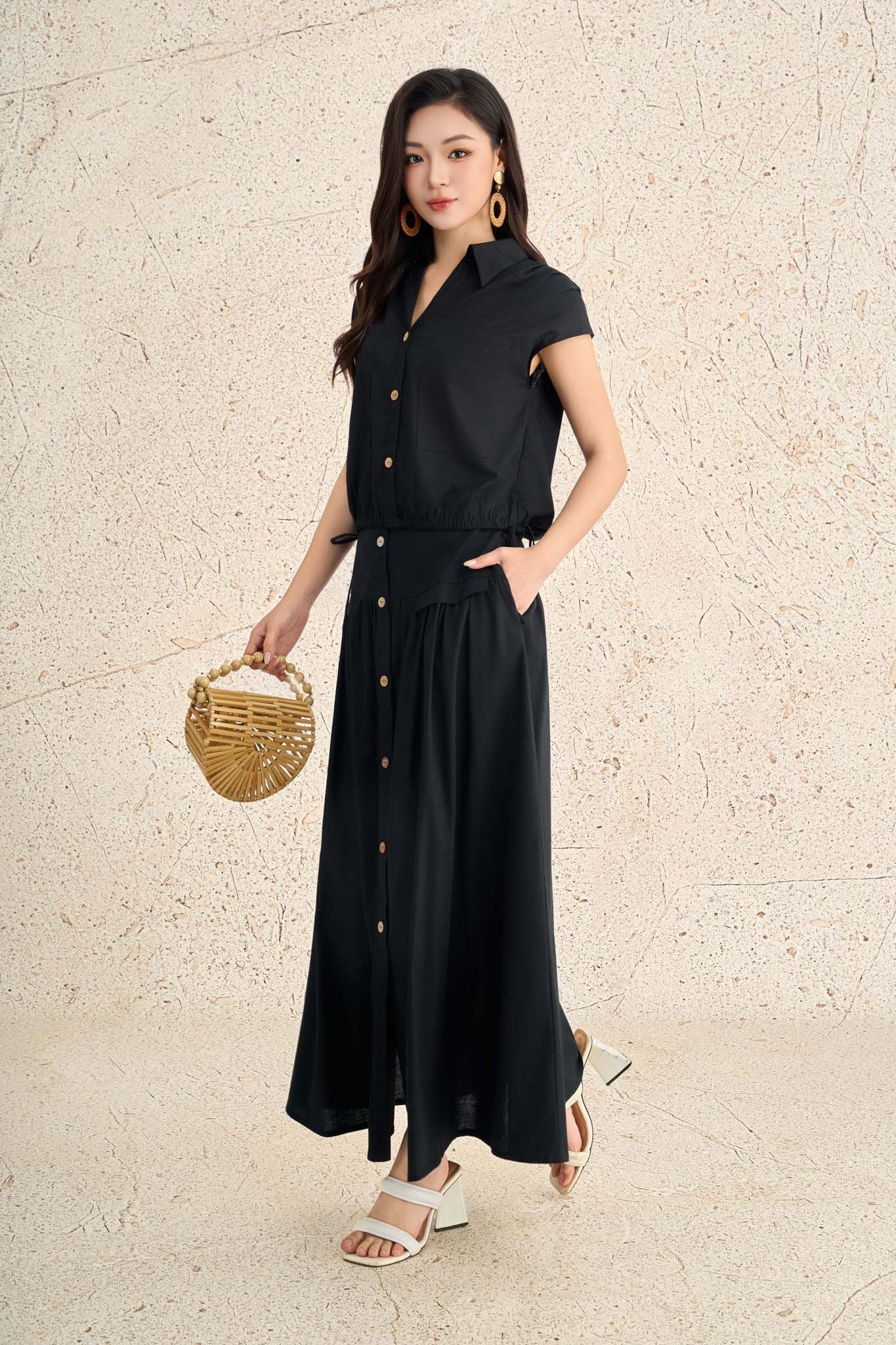 BAS13711 - Áo sơ mi dạo phố vải linen dáng suông cổ bẻ xẻ V tay chờm thân áo phối khuy thời trang - PANTIO