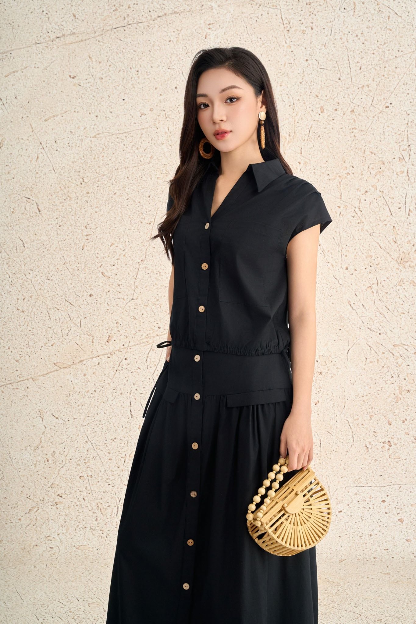 BAS13711 - Áo sơ mi dạo phố vải linen dáng suông cổ bẻ xẻ V tay chờm thân áo phối khuy thời trang - PANTIO