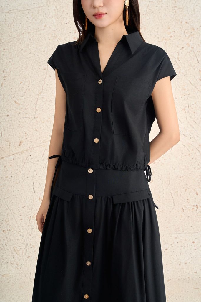 BAS13711 - Áo sơ mi dạo phố vải linen dáng suông cổ bẻ xẻ V tay chờm thân áo phối khuy thời trang - PANTIO