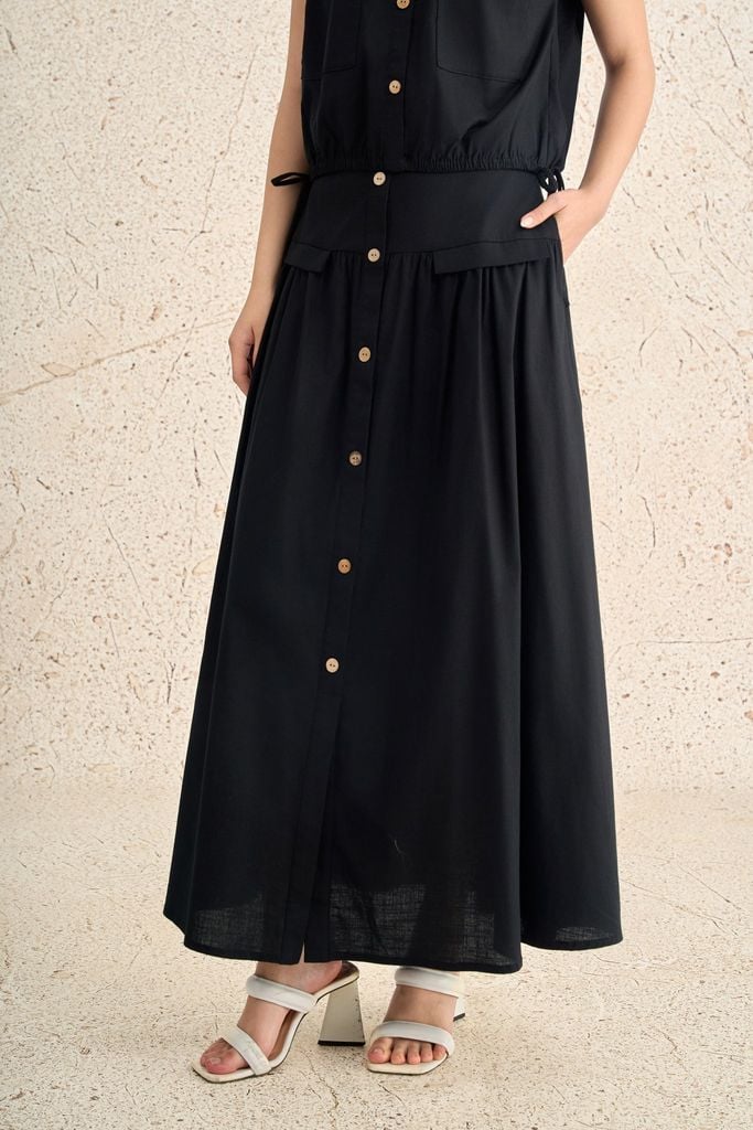 BJD13711 - Chân váy dài dạo phố vải linen dáng suông eo đáp cạp bản to thân váy phối khuy thời trang - PANTIO