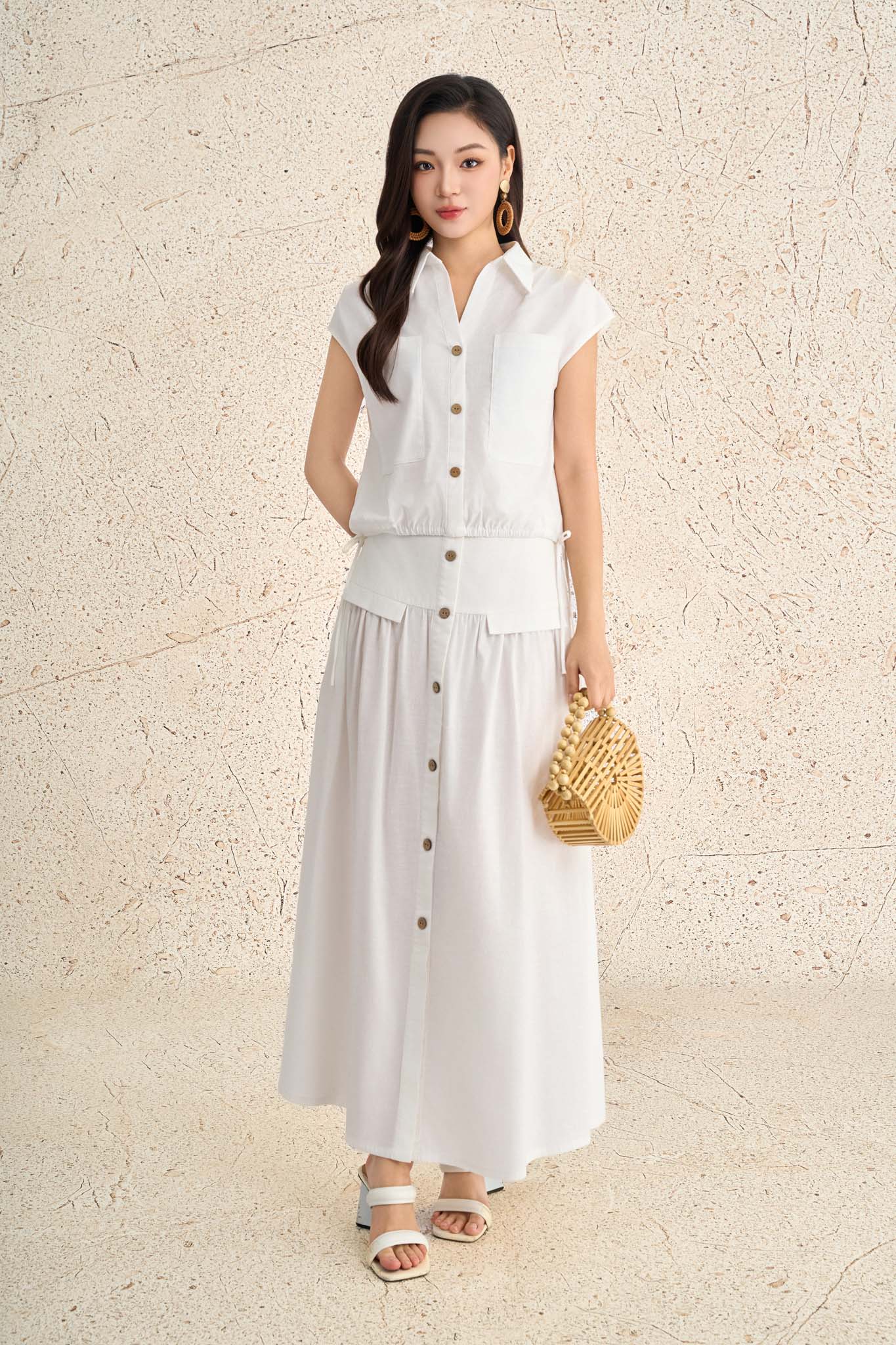 BAS13711 - Áo sơ mi dạo phố vải linen dáng suông cổ bẻ xẻ V tay chờm thân áo phối khuy thời trang - PANTIO