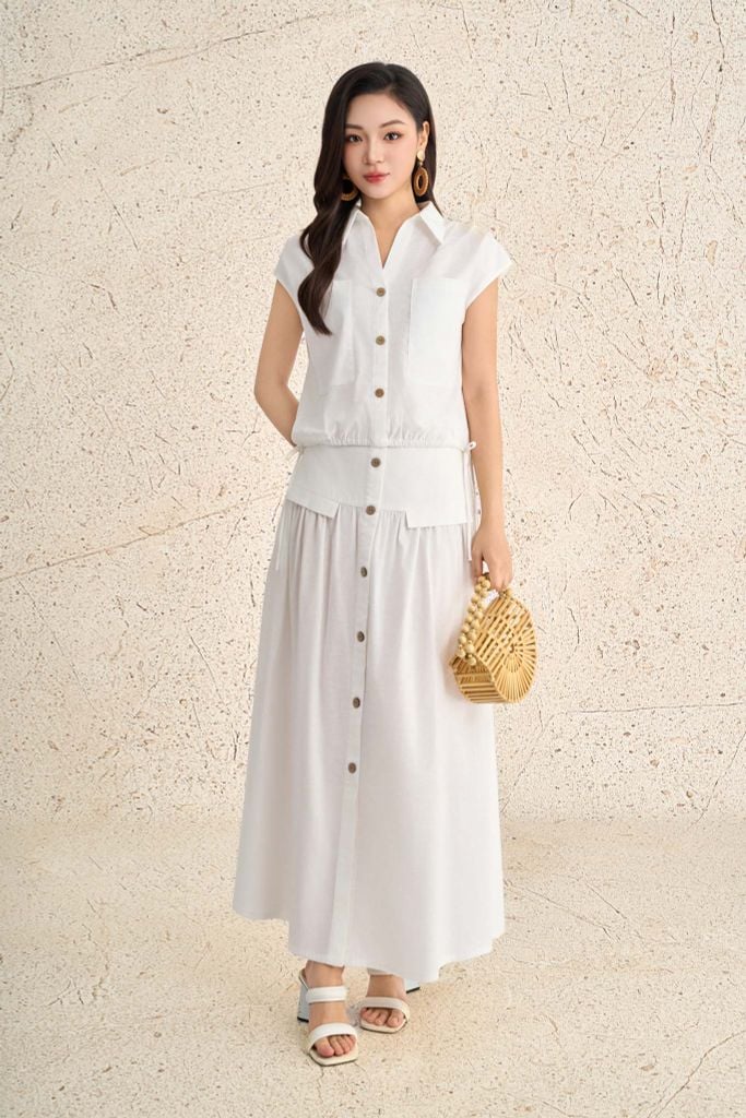 BJD13711 - Chân váy dài dạo phố vải linen dáng suông eo đáp cạp bản to thân váy phối khuy thời trang - PANTIO