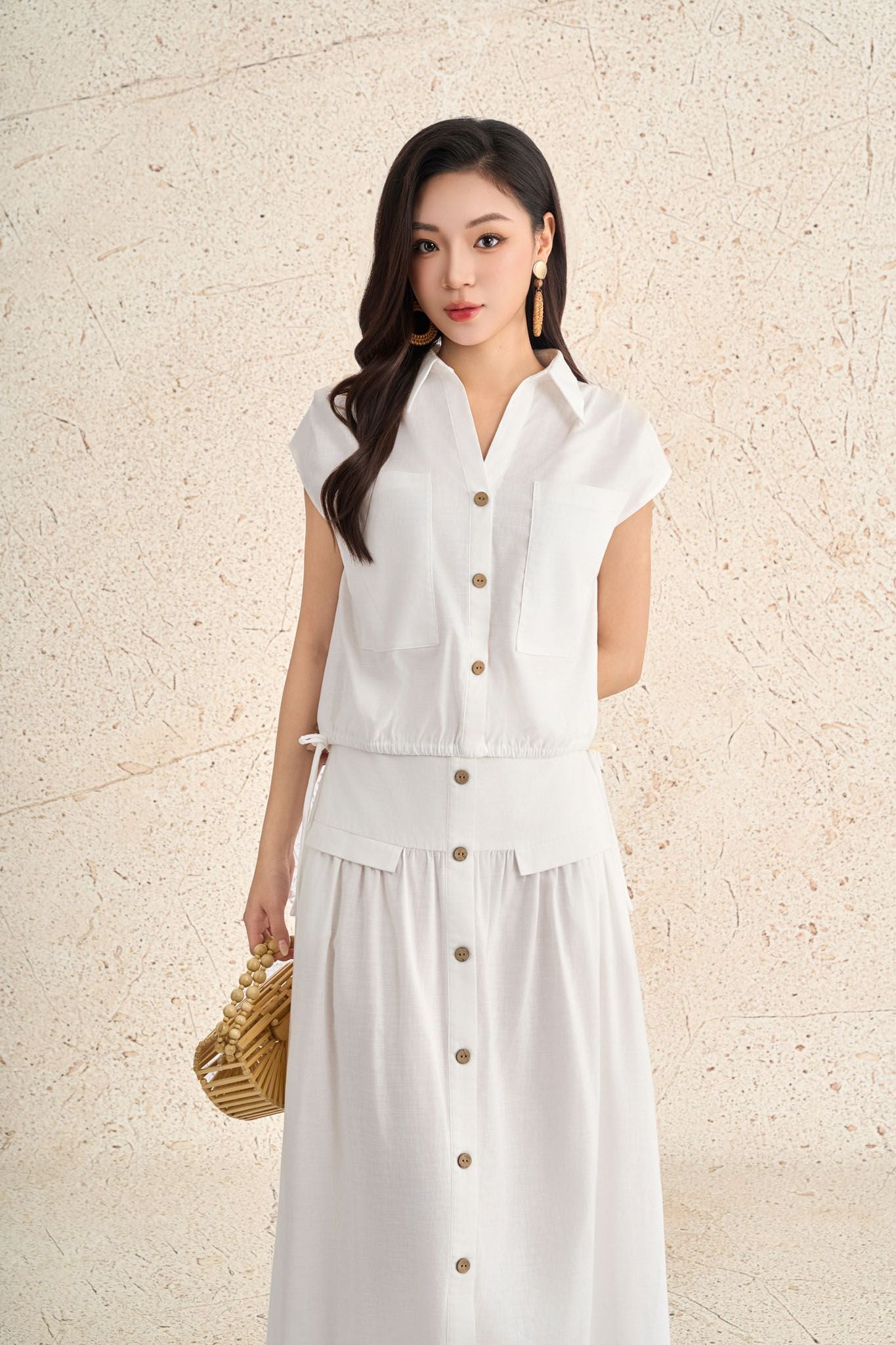 BJD13711 - Chân váy dài dạo phố vải linen dáng suông eo đáp cạp bản to thân váy phối khuy thời trang - PANTIO