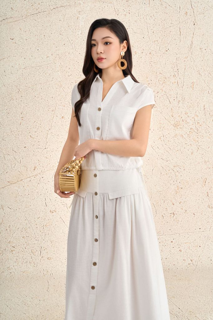 BAS13711 - Áo sơ mi dạo phố vải linen dáng suông cổ bẻ xẻ V tay chờm thân áo phối khuy thời trang - PANTIO