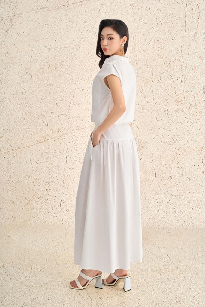 BAS13711 - Áo sơ mi dạo phố vải linen dáng suông cổ bẻ xẻ V tay chờm thân áo phối khuy thời trang - PANTIO