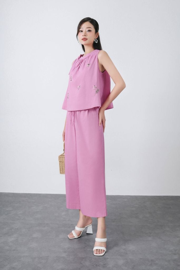 BAS32775 - Áo kiểu dạo phố vải linen dáng A cổ nhún phối nơ thân trang trí hình thêu - tỷ lệ kèo 8899