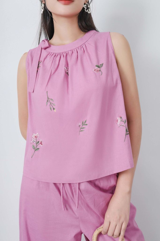 BAS32775 - Áo kiểu dạo phố vải linen dáng A cổ nhún phối nơ thân trang trí hình thêu - tỷ lệ kèo 8899