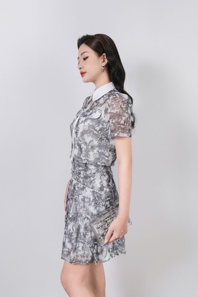 BAS33020 - Áo kiểu công sở vải lưới dáng croptop có lót vải habutai cổ đức phối vải lụa có nắp túi trang trí - PANTIO