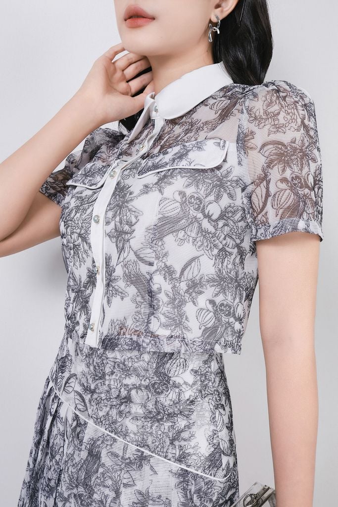 BAS33020 - Áo kiểu công sở vải lưới dáng croptop có lót vải habutai cổ đức phối vải lụa có nắp túi trang trí - PANTIO