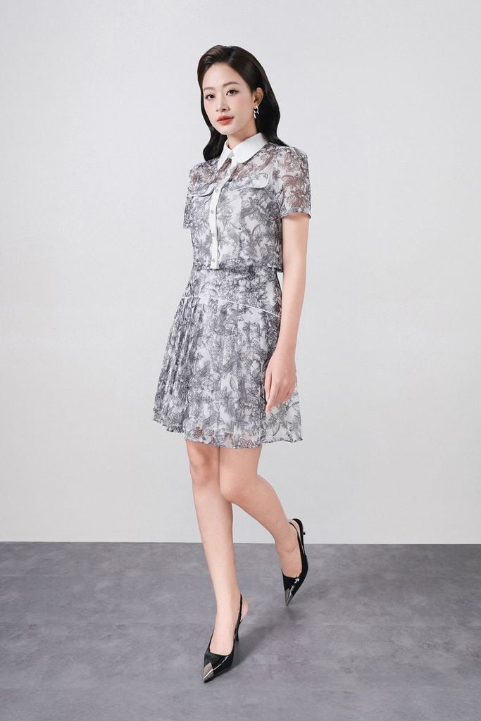 BJN33020 - Chân váy công sở vải lưới dáng xòe có lót vải habutai thân xếp nhún tạo kiểu khóa sườn - PANTIO