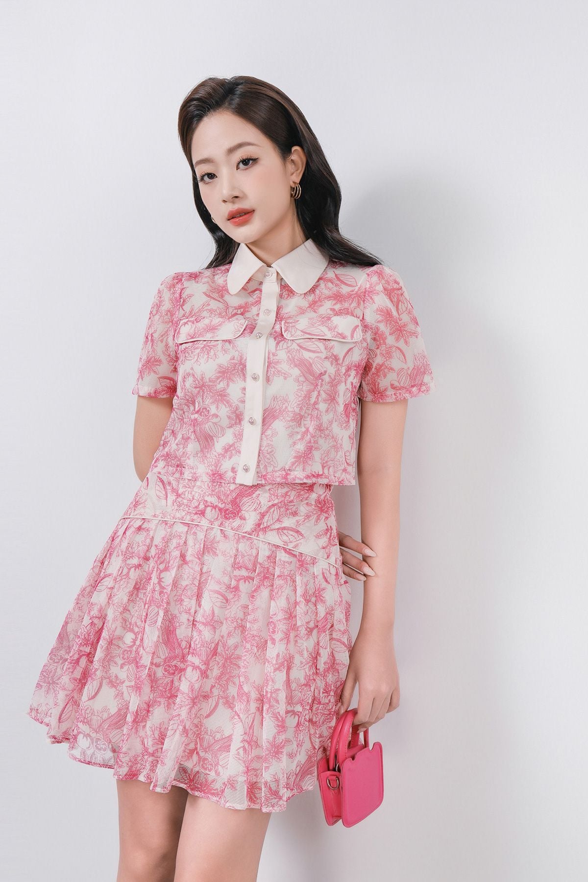 BAS33020 - Áo kiểu công sở vải lưới dáng croptop có lót vải habutai cổ đức phối vải lụa có nắp túi trang trí - PANTIO