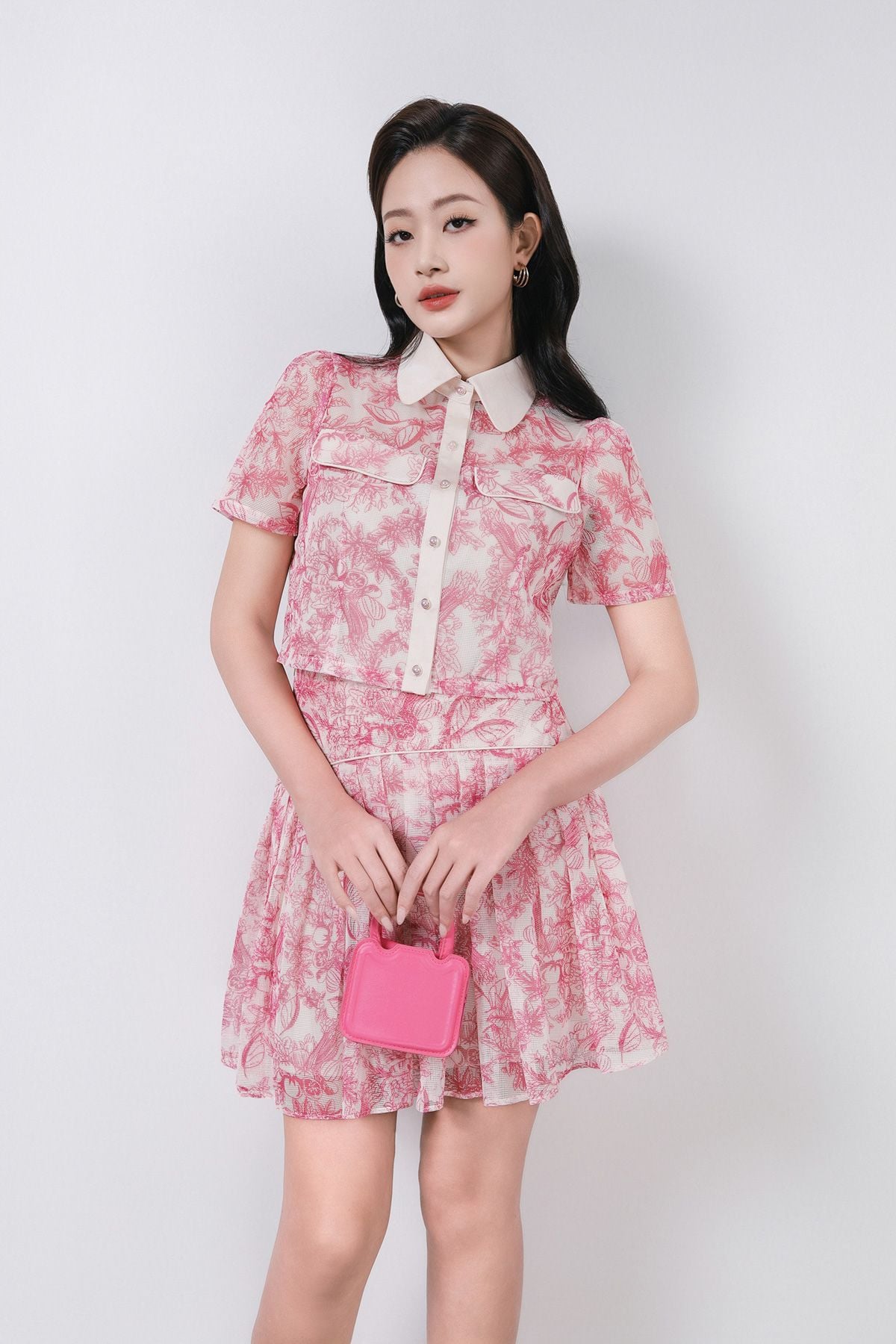 BAS33020 - Áo kiểu công sở vải lưới dáng croptop có lót vải habutai cổ đức phối vải lụa có nắp túi trang trí - PANTIO