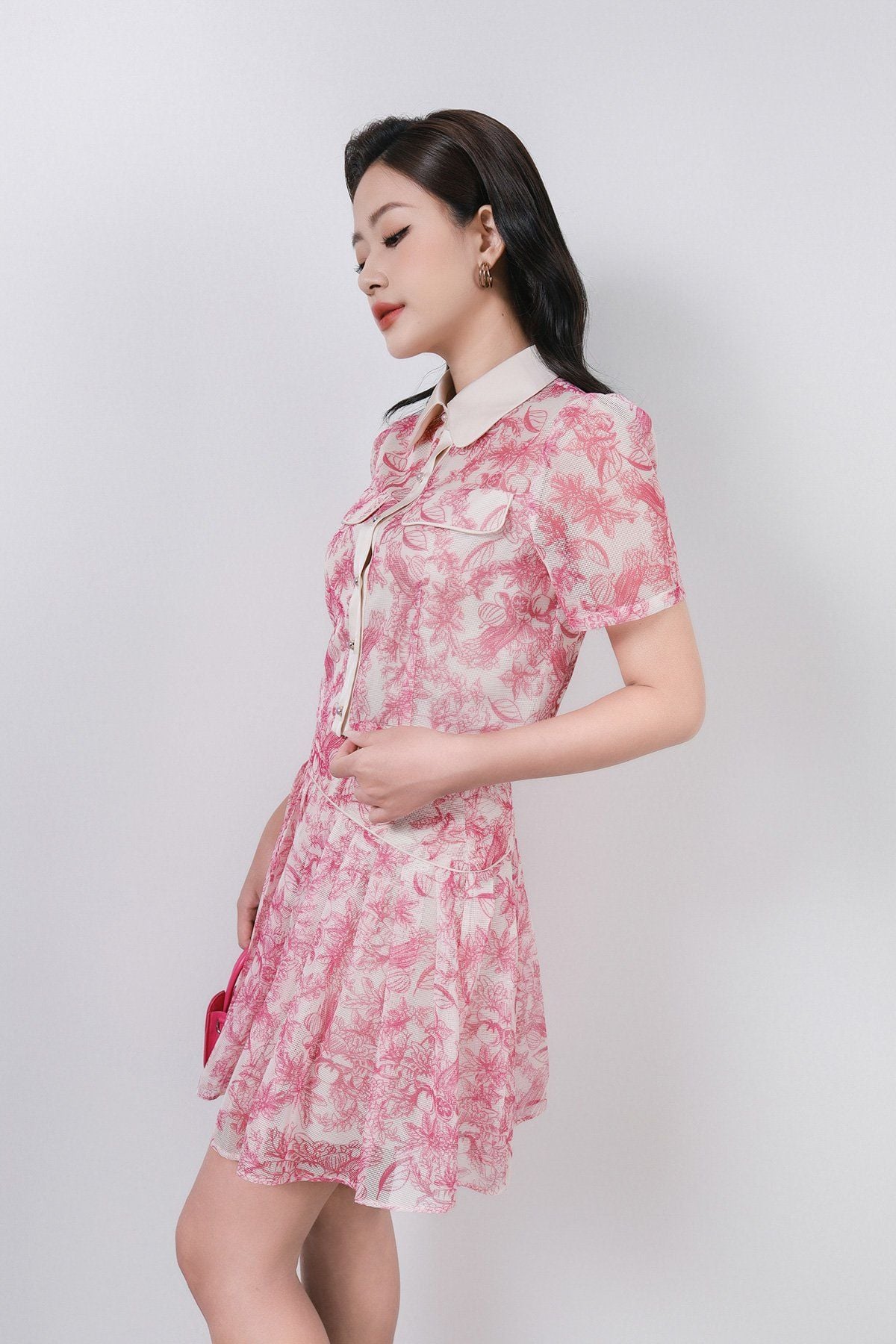 BAS33020 - Áo kiểu công sở vải lưới dáng croptop có lót vải habutai cổ đức phối vải lụa có nắp túi trang trí - PANTIO