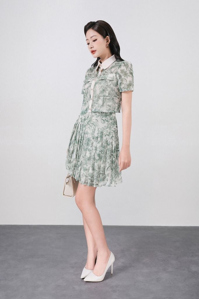 BAS33020 - Áo kiểu công sở vải lưới dáng croptop có lót vải habutai cổ đức phối vải lụa có nắp túi trang trí - PANTIO