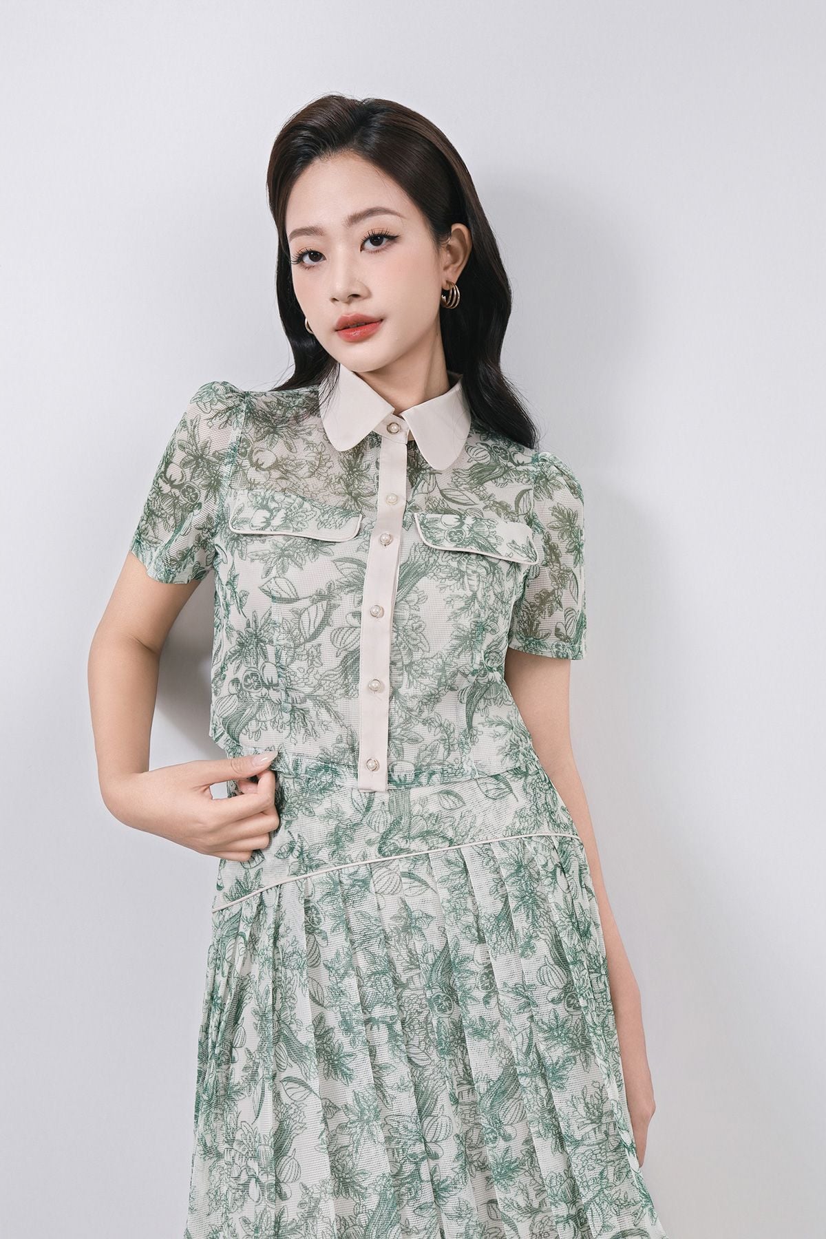 BJN33020 - Chân váy công sở vải lưới dáng xòe có lót vải habutai thân xếp nhún tạo kiểu khóa sườn - PANTIO