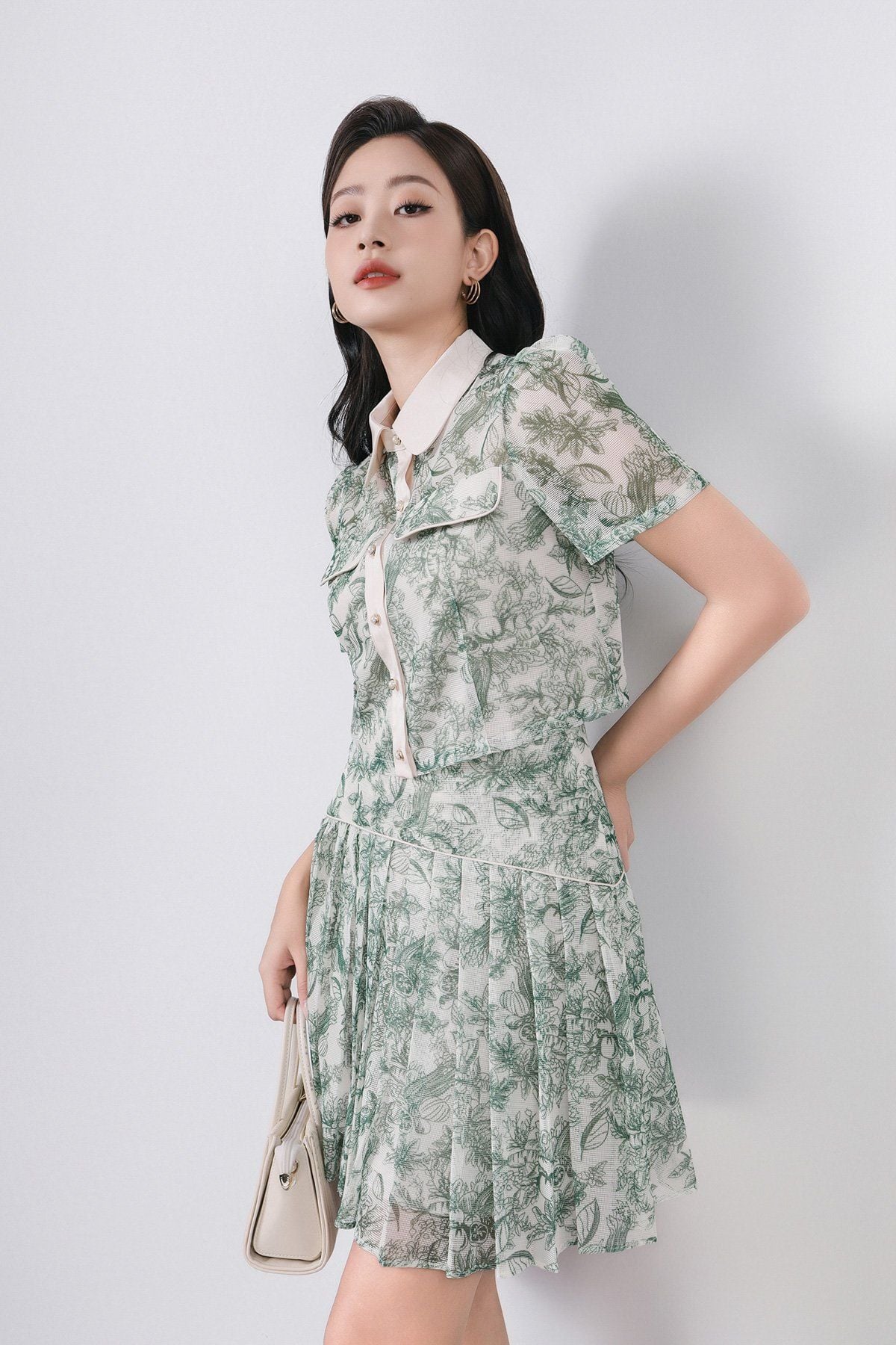 BJN33020 - Chân váy công sở vải lưới dáng xòe có lót vải habutai thân xếp nhún tạo kiểu khóa sườn - PANTIO