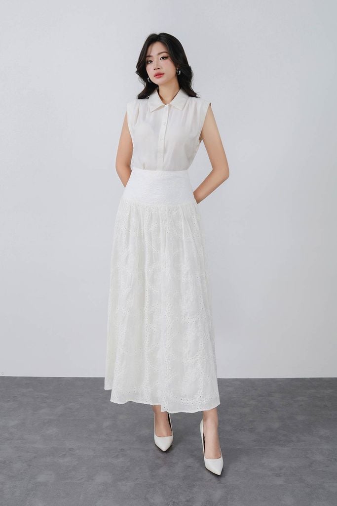 BAS33059 - Áo sơ mi công sở vải tơ dáng croptop cổ đức tay chờm vai xếp ly tạo kiểu cạp chun - PANTIO