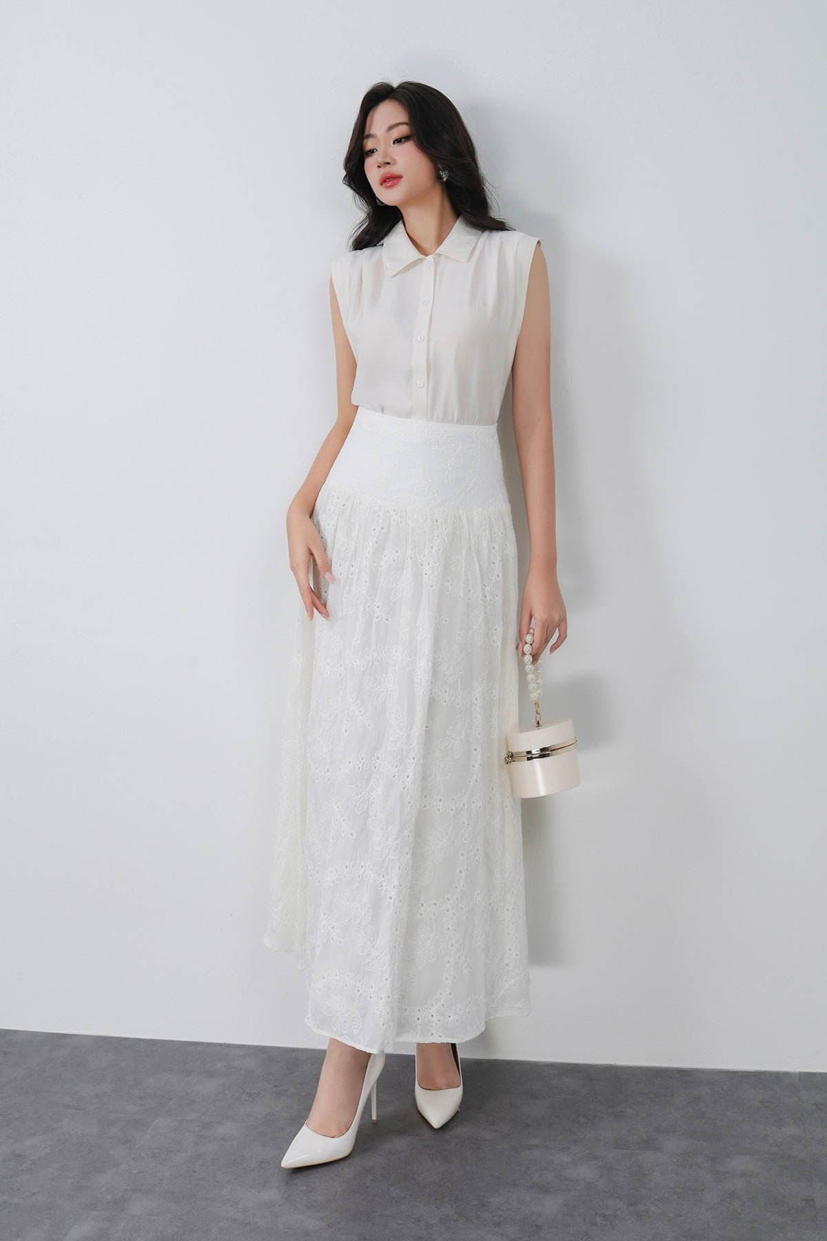 BAS33059 - Áo sơ mi công sở vải tơ dáng croptop cổ đức tay chờm vai xếp ly tạo kiểu cạp chun - PANTIO