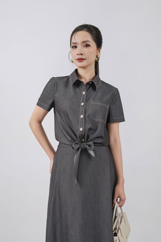 FJD33450 - Chân váy dài vải demin dáng A cạp sau phối chun gấu váy có hoạ tiết đường chỉ - PANTIO